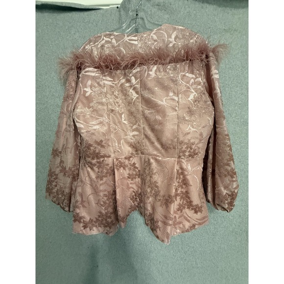 Serafina Jacket Womens 12 Pink Floral Jacquard Faux Fur Rhinestone Button Peplum - Picture 15 of 16